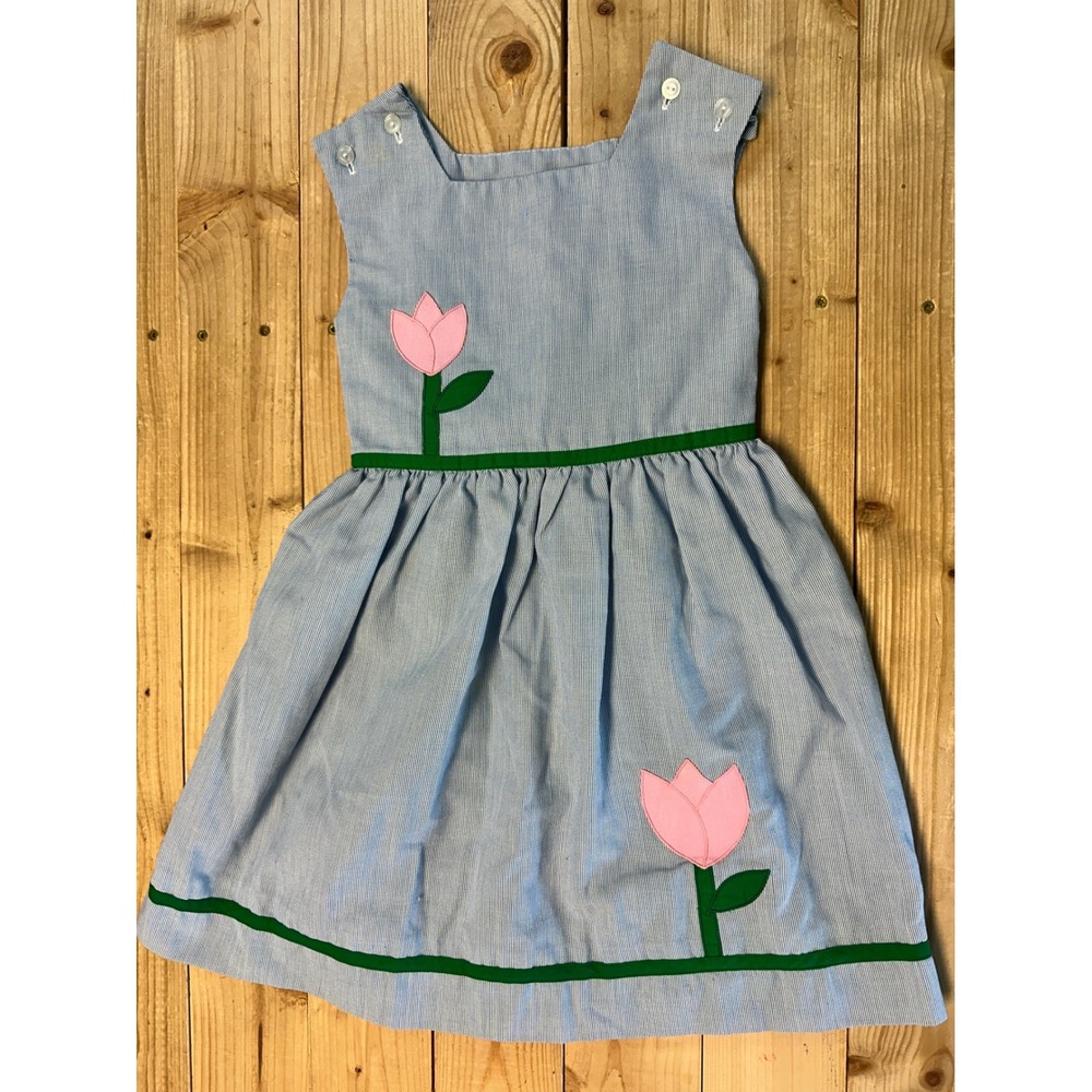 Her Majesty Girl's Blue Striped Tulip Applique Dress Size 6 Cute‎ Outfit